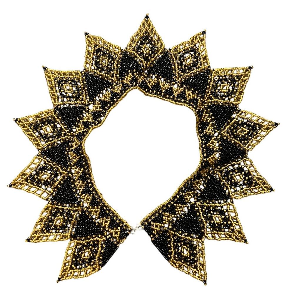Vintage Gold and Black Beaded Collar necklace Chaquira sun rare unique